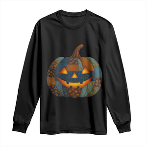 Halloween Blue Denim Patchwork Spooky Pumpkin Long Sleeve Shirt TS11 Black Print Your Wear