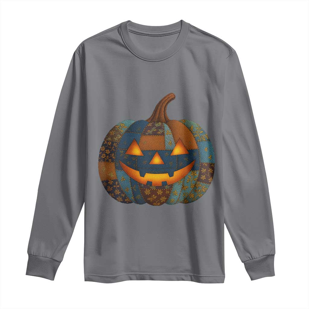 Halloween Blue Denim Patchwork Spooky Pumpkin Long Sleeve Shirt TS11 Charcoal Print Your Wear