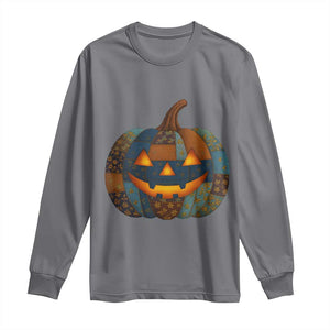 Halloween Blue Denim Patchwork Spooky Pumpkin Long Sleeve Shirt TS11 Charcoal Print Your Wear