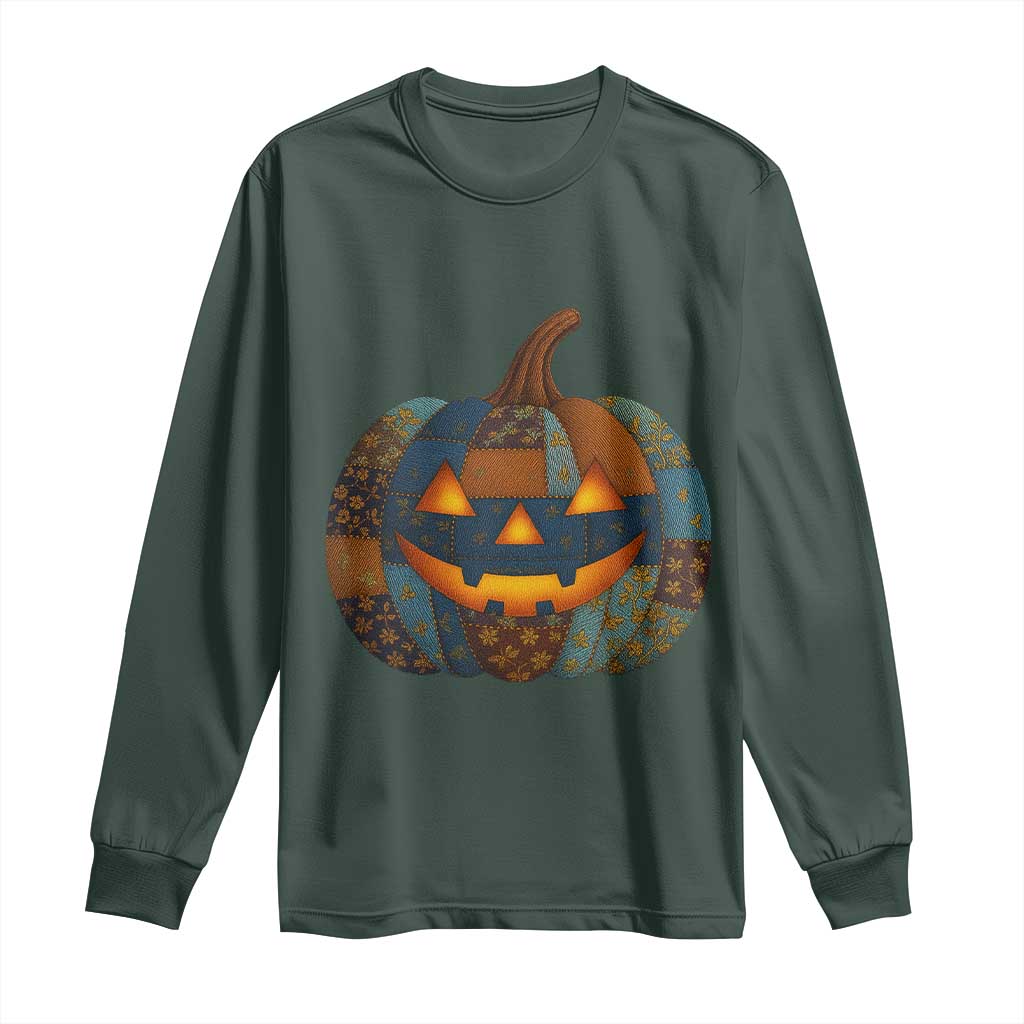 Halloween Blue Denim Patchwork Spooky Pumpkin Long Sleeve Shirt TS11 Dark Forest Green Print Your Wear