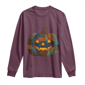 Halloween Blue Denim Patchwork Spooky Pumpkin Long Sleeve Shirt TS11 Maroon Print Your Wear