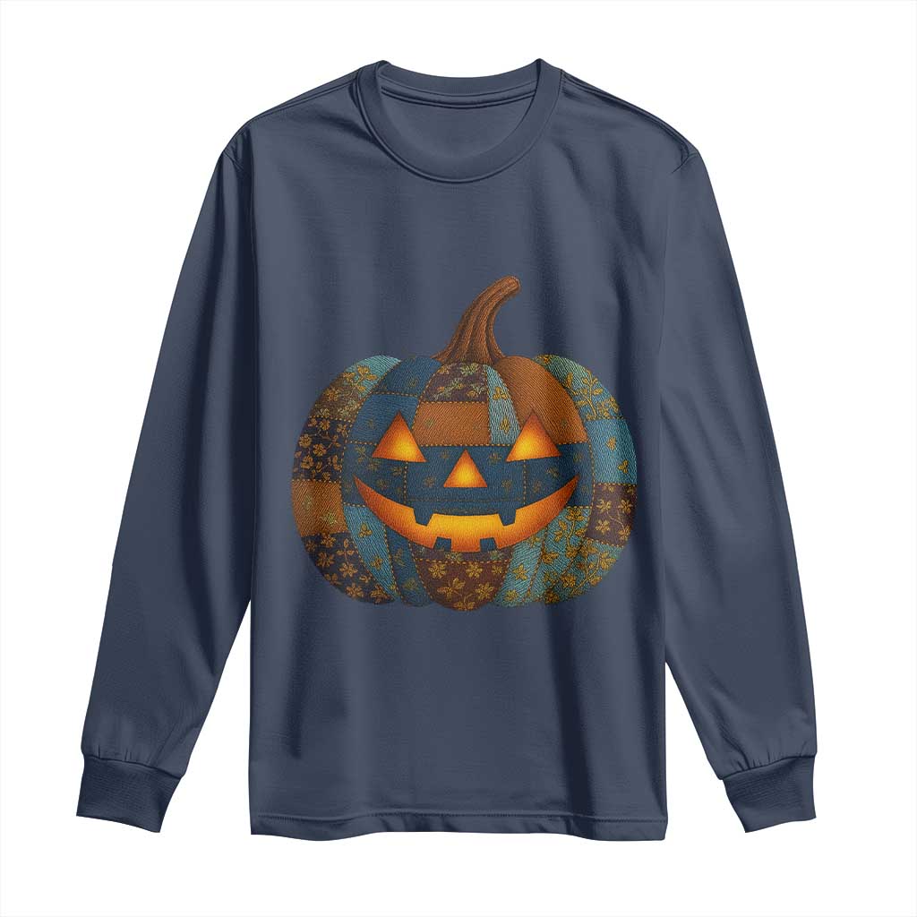 Halloween Blue Denim Patchwork Spooky Pumpkin Long Sleeve Shirt TS11 Navy Print Your Wear