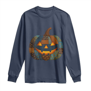 Halloween Blue Denim Patchwork Spooky Pumpkin Long Sleeve Shirt TS11 Navy Print Your Wear