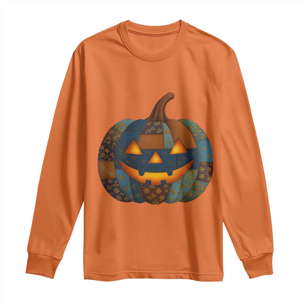 Halloween Blue Denim Patchwork Spooky Pumpkin Long Sleeve Shirt TS11 Orange Print Your Wear