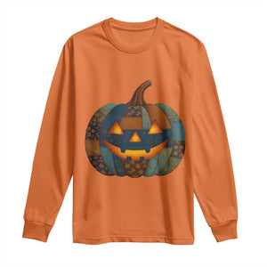 Halloween Blue Denim Patchwork Spooky Pumpkin Long Sleeve Shirt TS11 Orange Print Your Wear