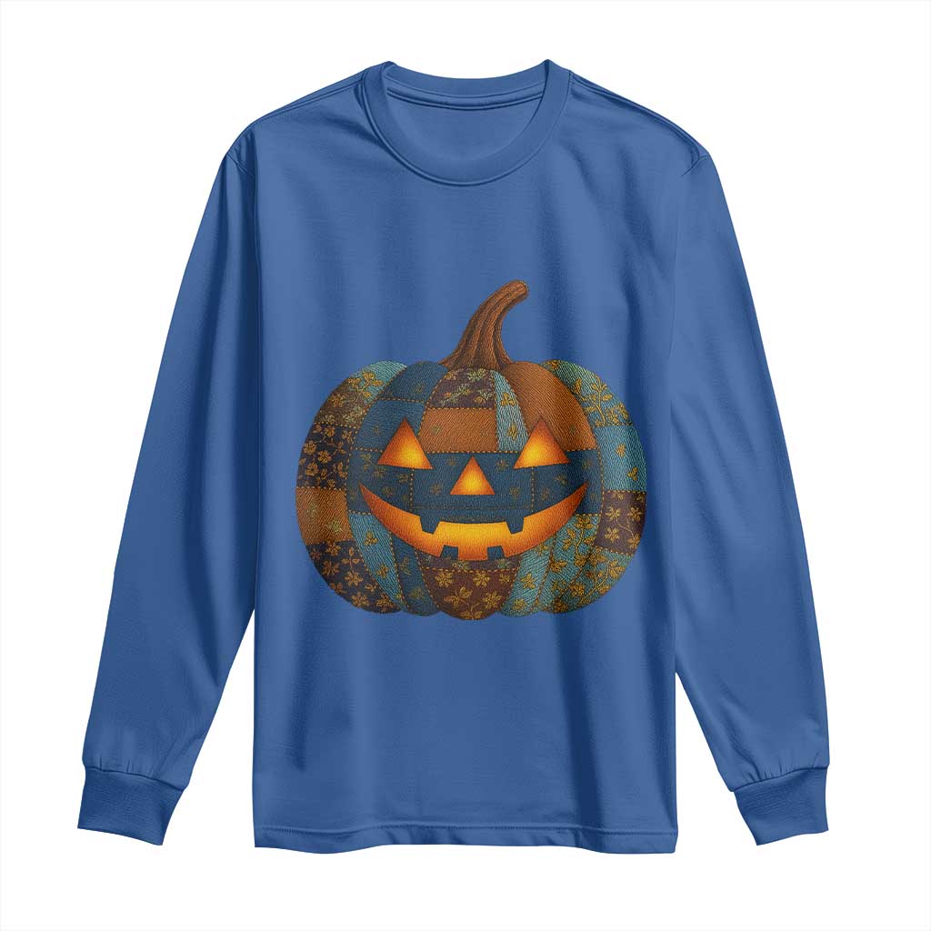 Halloween Blue Denim Patchwork Spooky Pumpkin Long Sleeve Shirt TS11 Royal Blue Print Your Wear