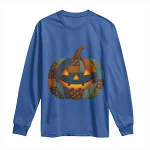 Halloween Blue Denim Patchwork Spooky Pumpkin Long Sleeve Shirt TS11 Royal Blue Print Your Wear