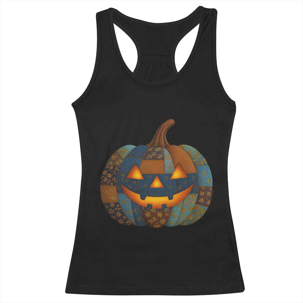 Halloween Blue Denim Patchwork Spooky Pumpkin Racerback Tank Top TS11 Black Print Your Wear