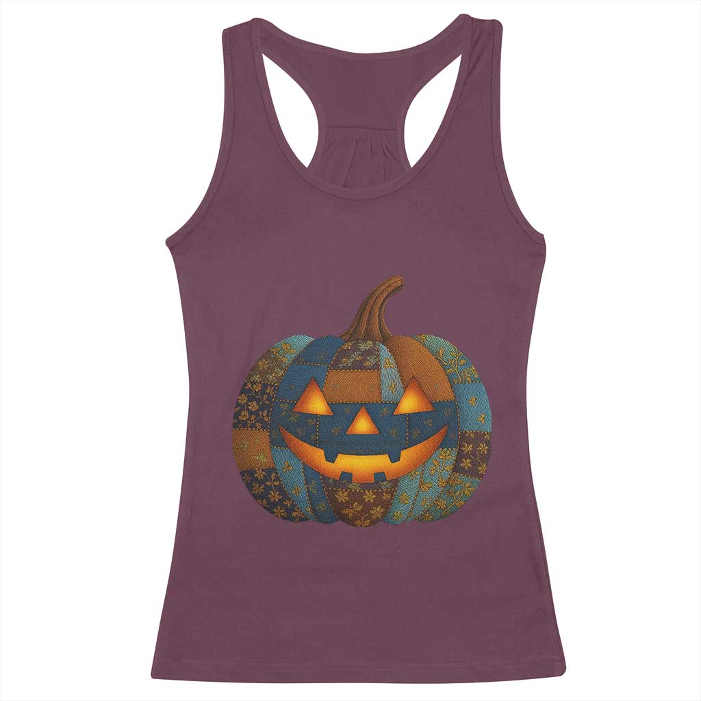 Halloween Blue Denim Patchwork Spooky Pumpkin Racerback Tank Top TS11 Maroon Print Your Wear