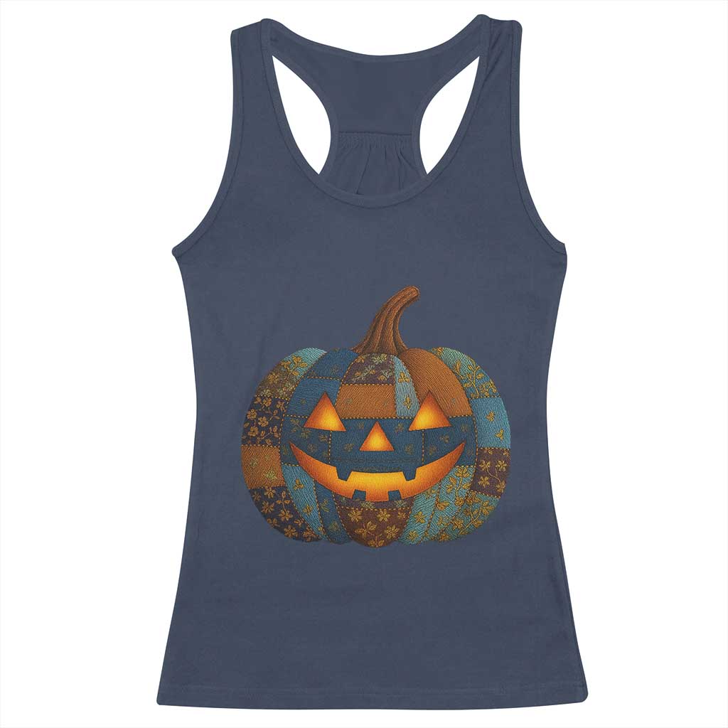 Halloween Blue Denim Patchwork Spooky Pumpkin Racerback Tank Top TS11 Navy Print Your Wear