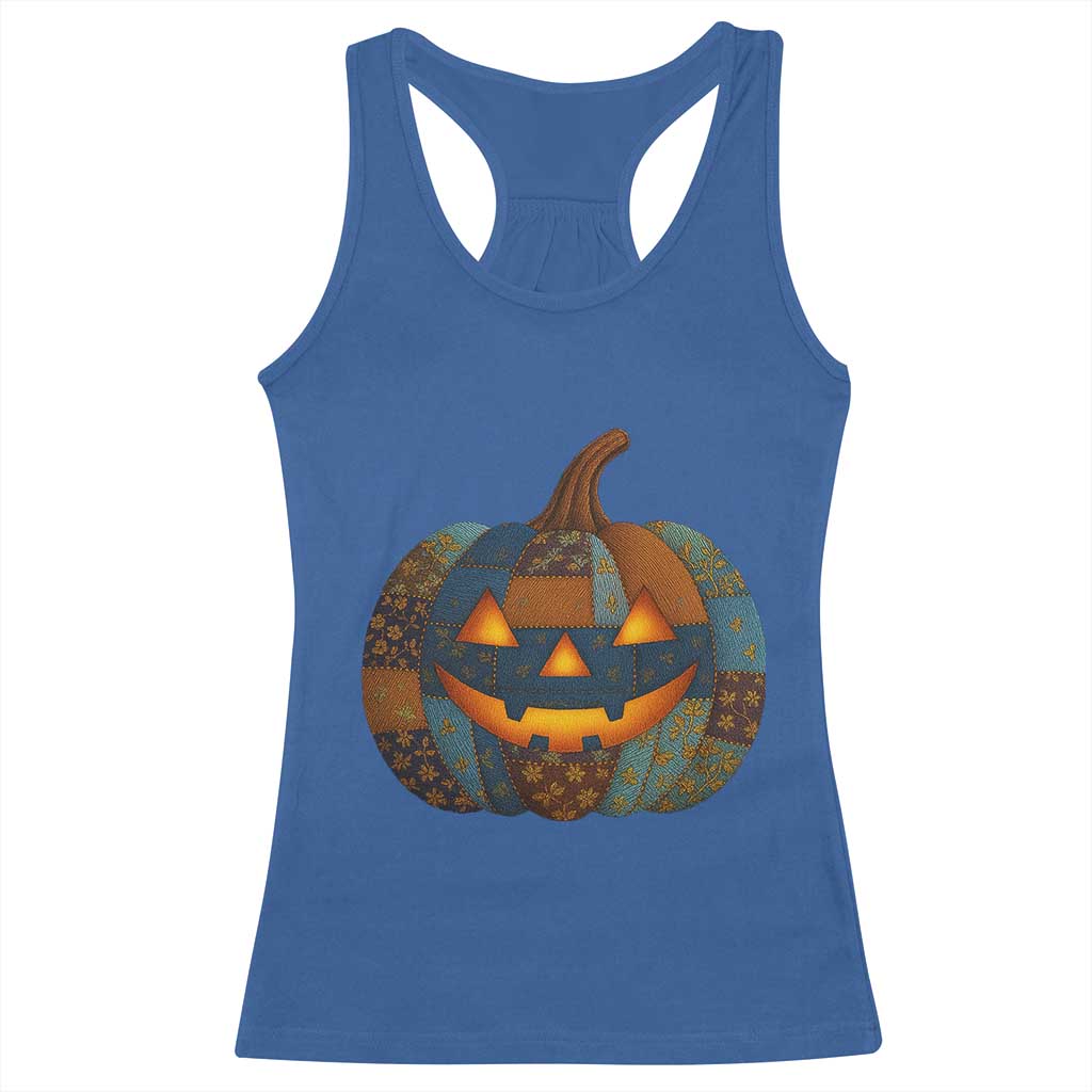 Halloween Blue Denim Patchwork Spooky Pumpkin Racerback Tank Top TS11 Royal Blue Print Your Wear