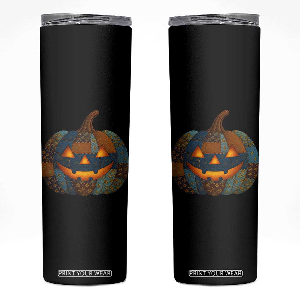 Halloween Blue Denim Patchwork Spooky Pumpkin Skinny Tumbler TS11 Black Print Your Wear