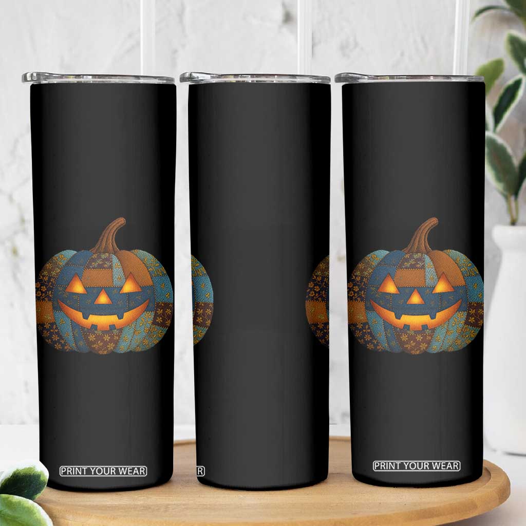 Halloween Blue Denim Patchwork Spooky Pumpkin Skinny Tumbler TS11 Print Your Wear