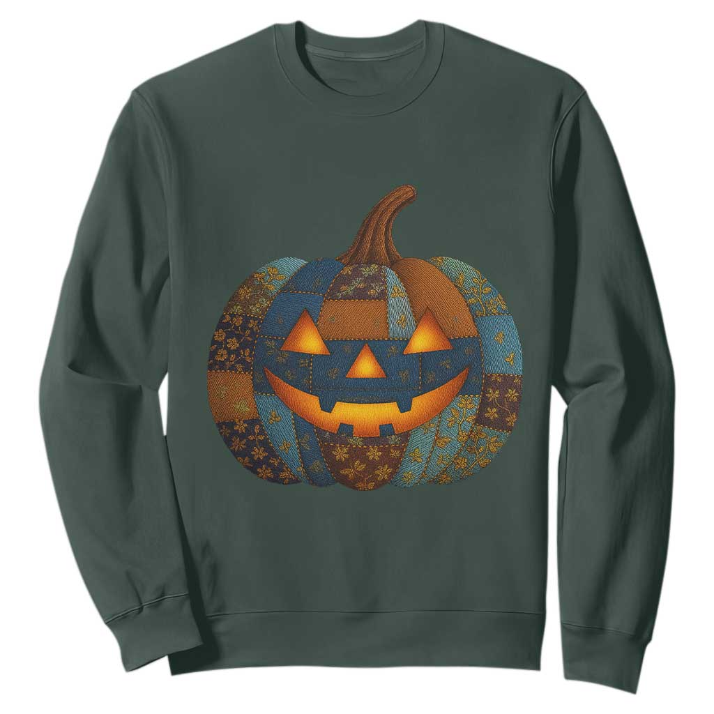 Halloween Blue Denim Patchwork Spooky Pumpkin Sweatshirt TS11 Dark Forest Green Print Your Wear
