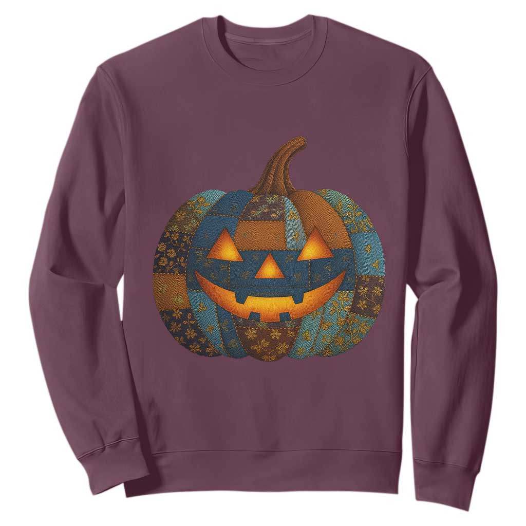 Halloween Blue Denim Patchwork Spooky Pumpkin Sweatshirt TS11 Maroon Print Your Wear