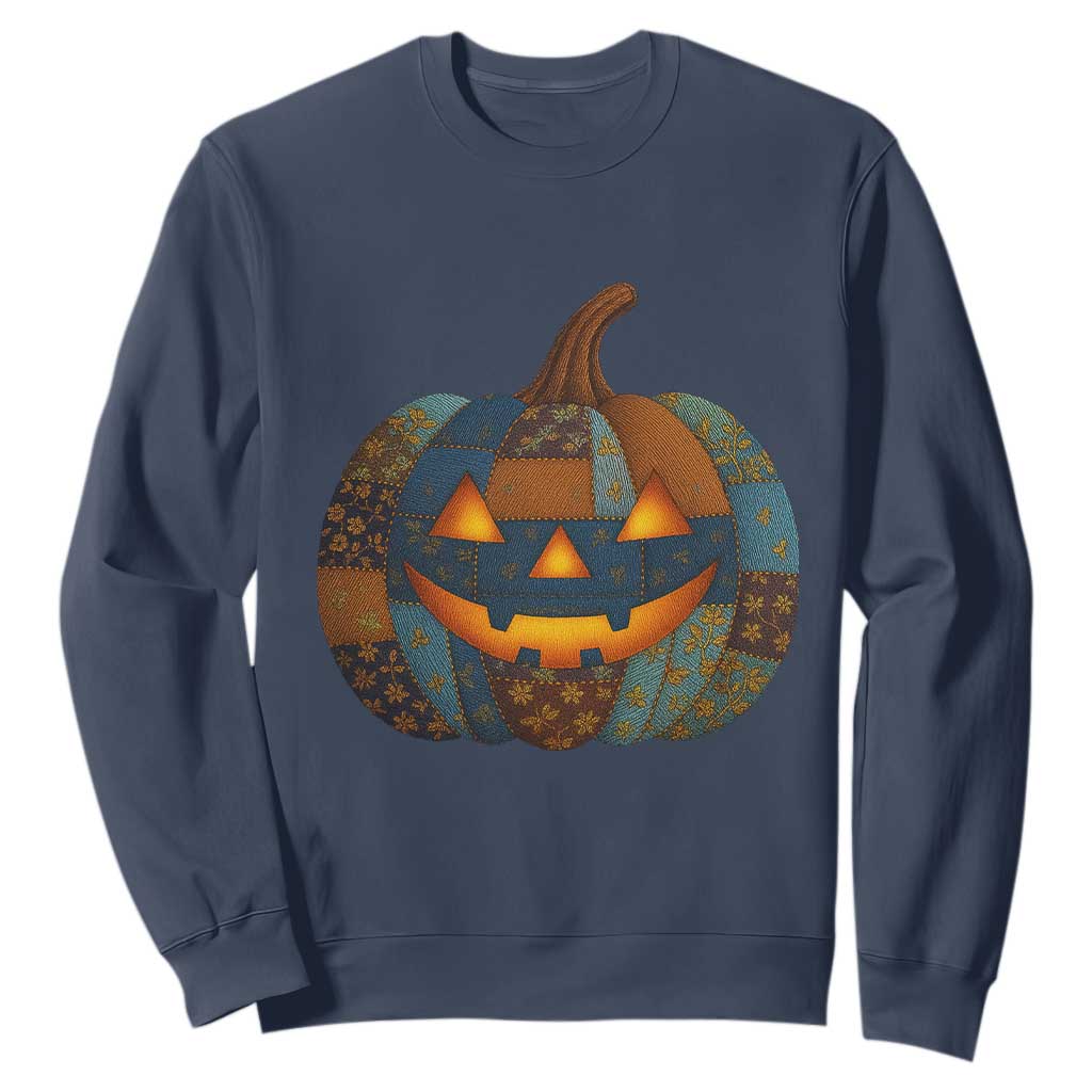 Halloween Blue Denim Patchwork Spooky Pumpkin Sweatshirt TS11 Navy Print Your Wear