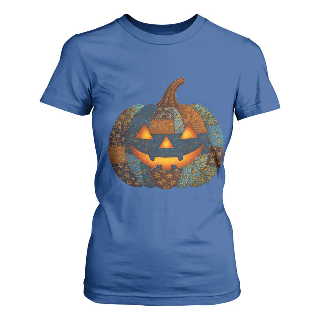 Halloween Blue Denim Patchwork Spooky Pumpkin T Shirt For Women TS11 Royal Blue Print Your Wear