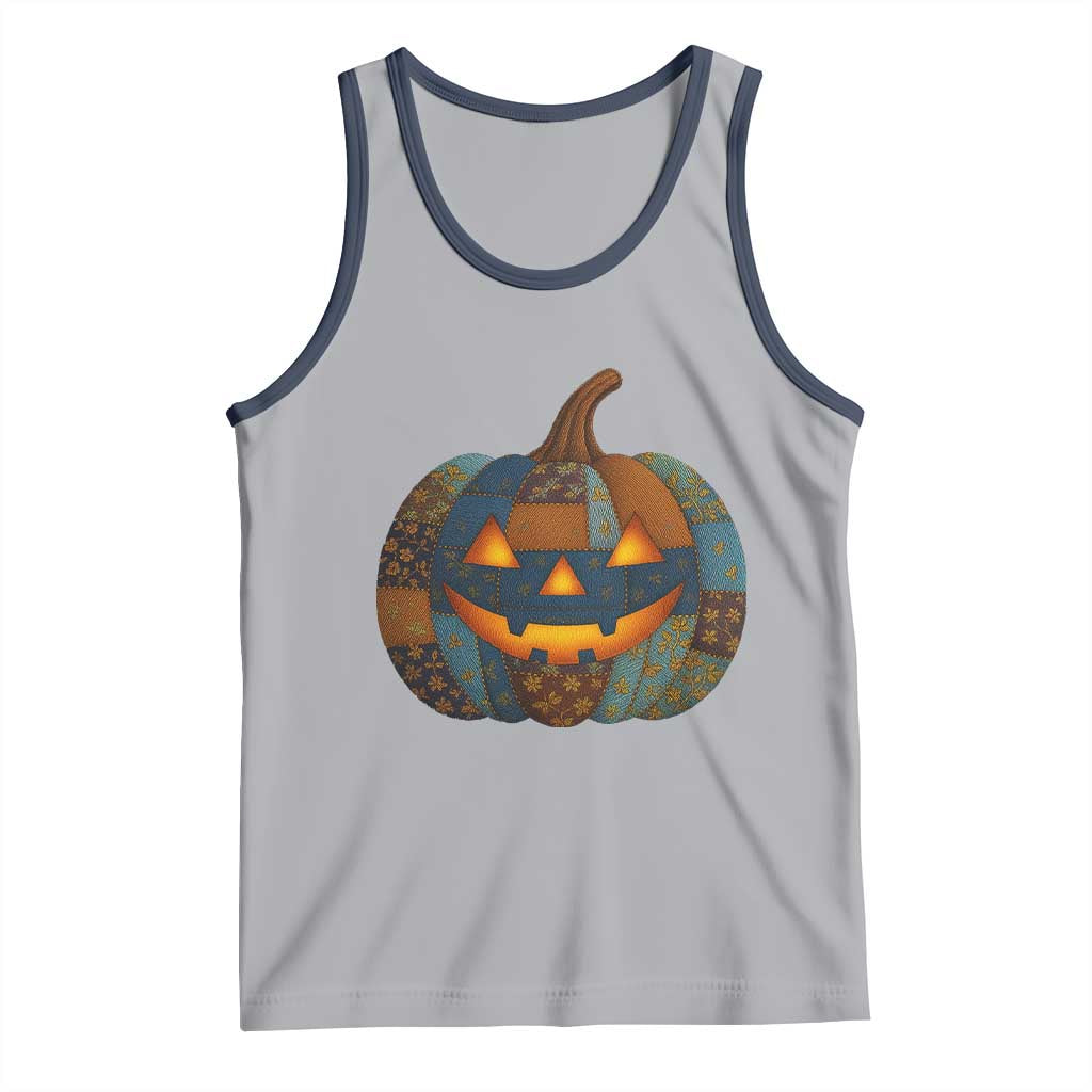 Halloween Blue Denim Patchwork Spooky Pumpkin Tank Top TS11 Athletic Heather Navy Print Your Wear