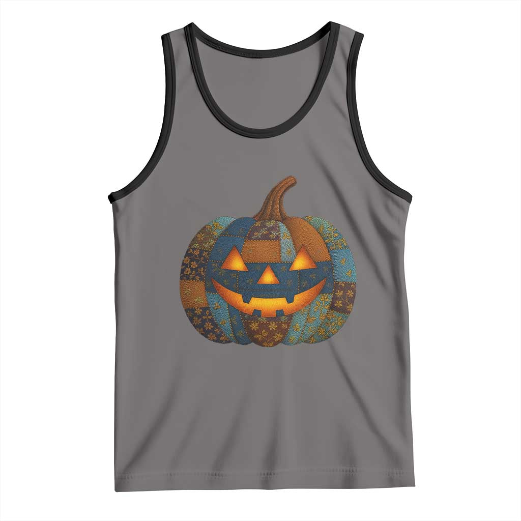 Halloween Blue Denim Patchwork Spooky Pumpkin Tank Top TS11 Deep Heather Black Print Your Wear