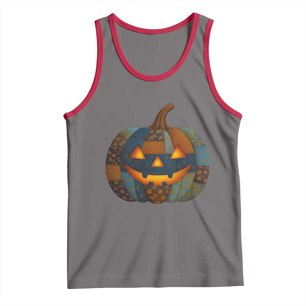Halloween Blue Denim Patchwork Spooky Pumpkin Tank Top TS11 Deep Heather Red Print Your Wear