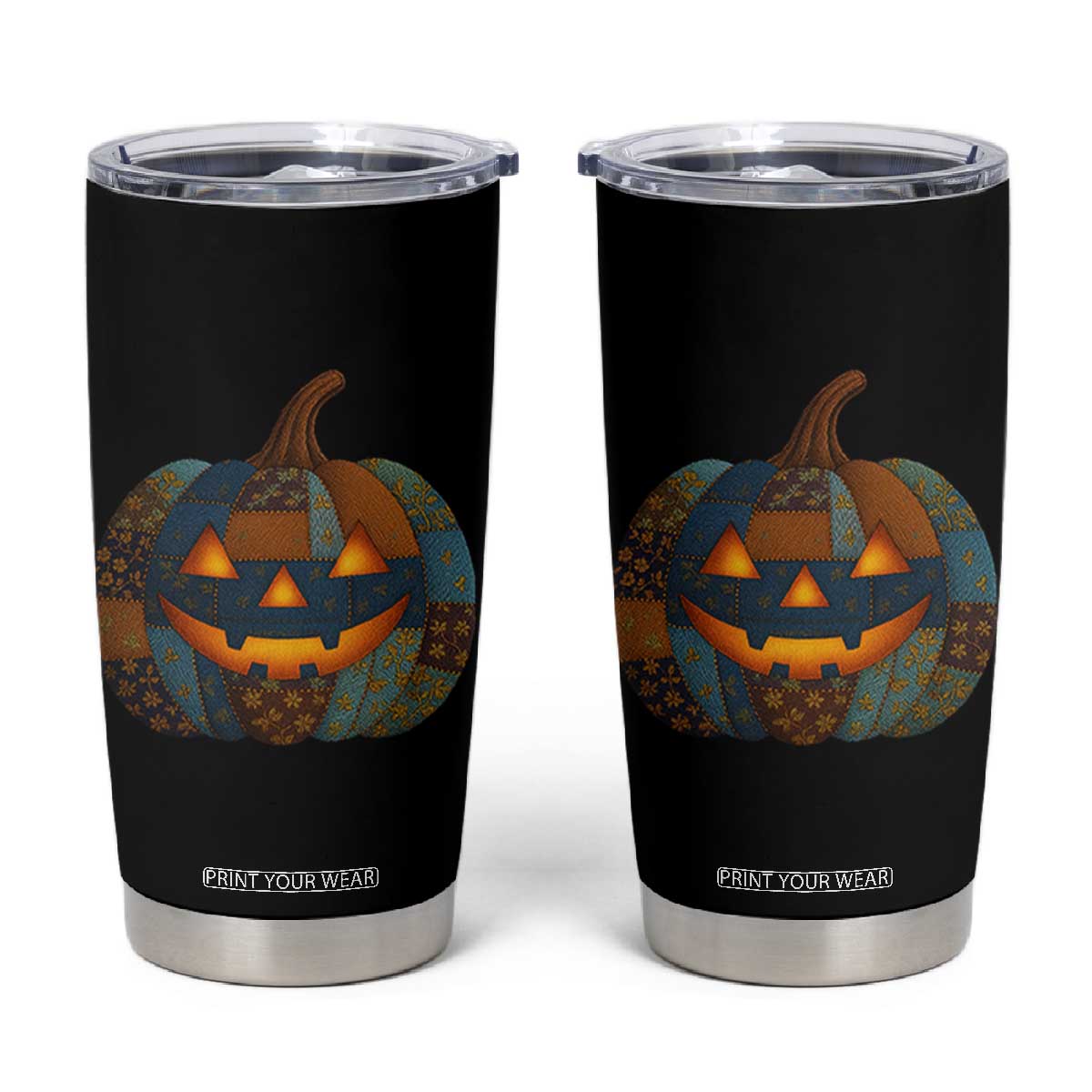 Halloween Blue Denim Patchwork Spooky Pumpkin Tumbler Cup TS11 Black Print Your Wear