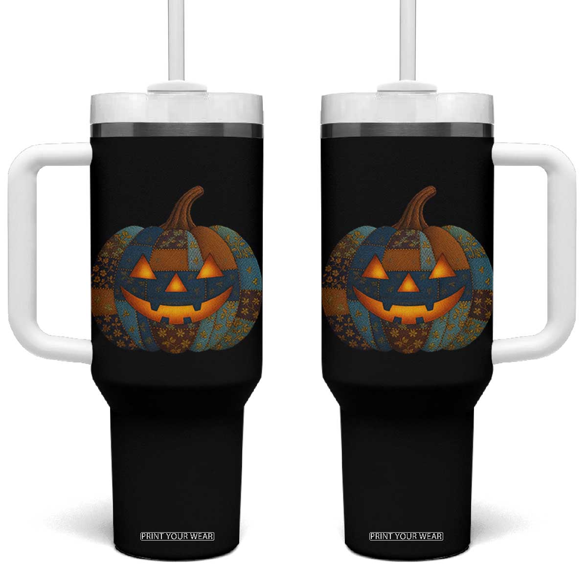 Halloween Blue Denim Patchwork Spooky Pumpkin Tumbler With Handle TS11 One Size: 40 oz Black Print Your Wear