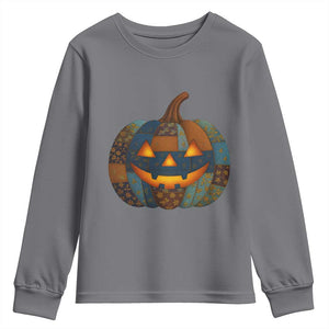Halloween Blue Denim Patchwork Spooky Pumpkin Youth Sweatshirt TS11 Charcoal Print Your Wear