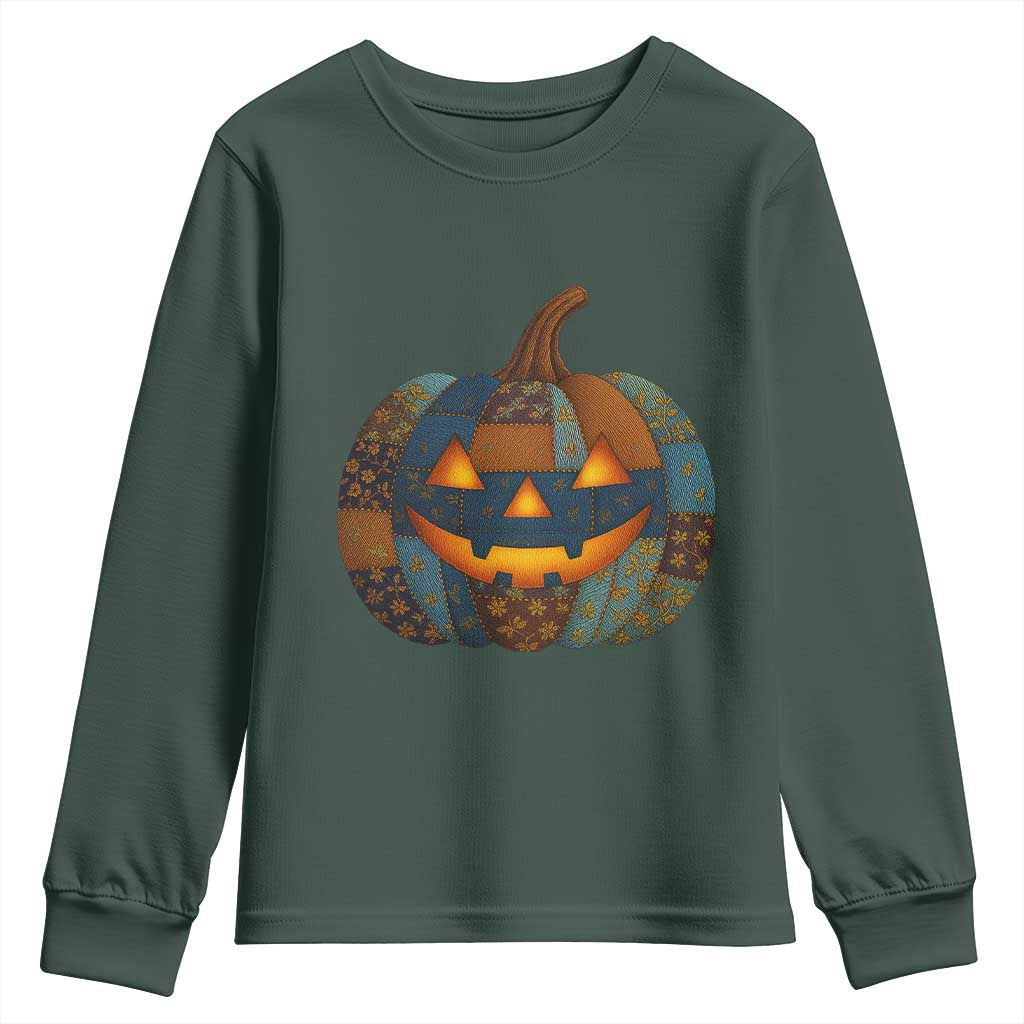 Halloween Blue Denim Patchwork Spooky Pumpkin Youth Sweatshirt TS11 Dark Forest Green Print Your Wear