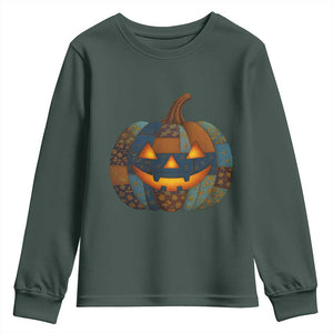 Halloween Blue Denim Patchwork Spooky Pumpkin Youth Sweatshirt TS11 Dark Forest Green Print Your Wear