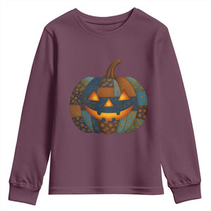 Halloween Blue Denim Patchwork Spooky Pumpkin Youth Sweatshirt TS11 Maroon Print Your Wear