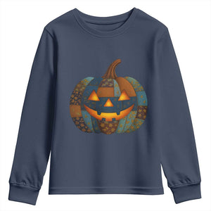 Halloween Blue Denim Patchwork Spooky Pumpkin Youth Sweatshirt TS11 Navy Print Your Wear