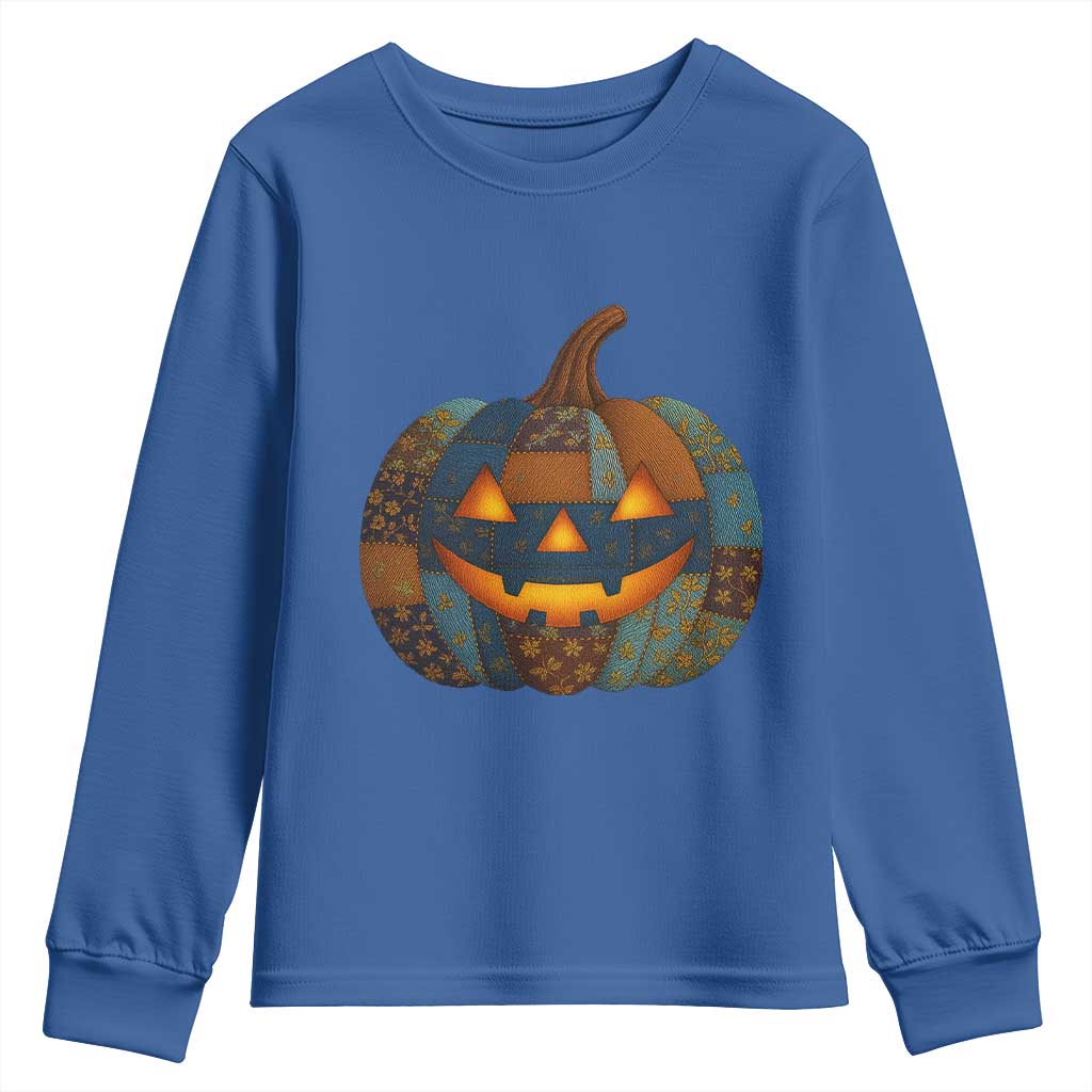 Halloween Blue Denim Patchwork Spooky Pumpkin Youth Sweatshirt TS11 Royal Blue Print Your Wear