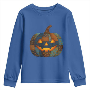 Halloween Blue Denim Patchwork Spooky Pumpkin Youth Sweatshirt TS11 Royal Blue Print Your Wear