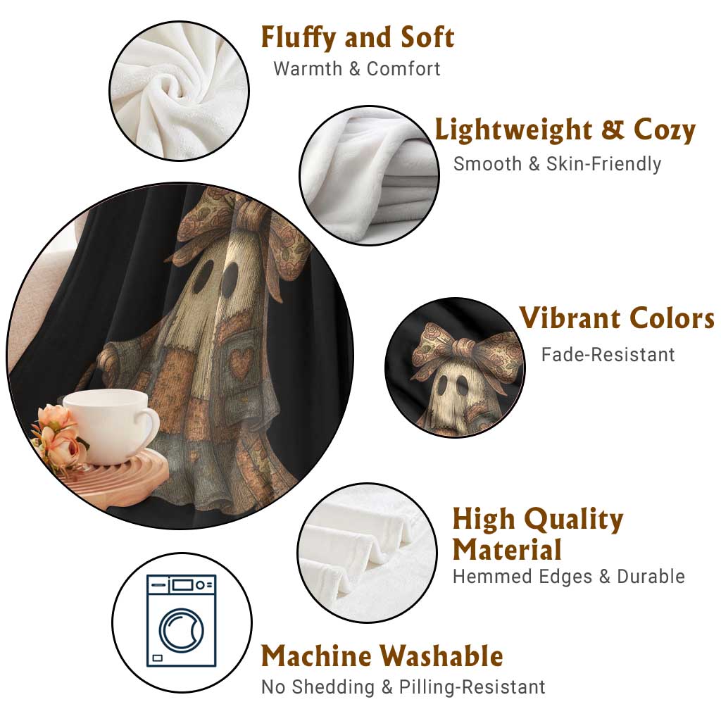 Halloween Vintage Denim Patchwork Spooky Ghost Coquette Throw Blanket TS11 Print Your Wear