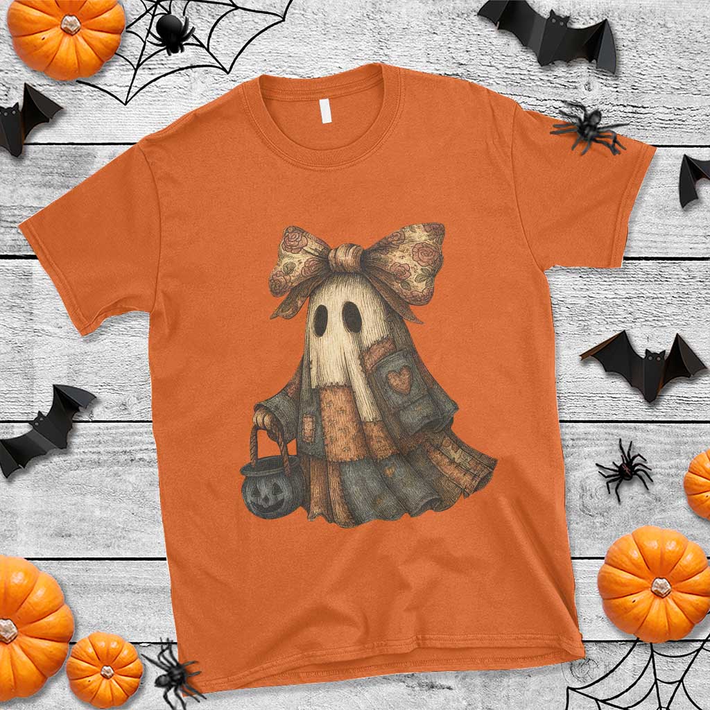 Halloween Vintage Denim Patchwork Spooky Ghost Coquette T Shirt TS11 Orange Print Your Wear