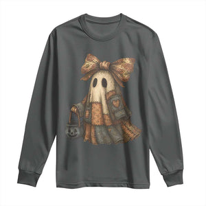 Halloween Vintage Denim Patchwork Spooky Ghost Coquette Long Sleeve Shirt TS11 Dark Heather Print Your Wear