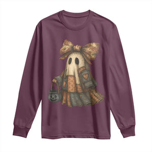 Halloween Vintage Denim Patchwork Spooky Ghost Coquette Long Sleeve Shirt TS11 Maroon Print Your Wear