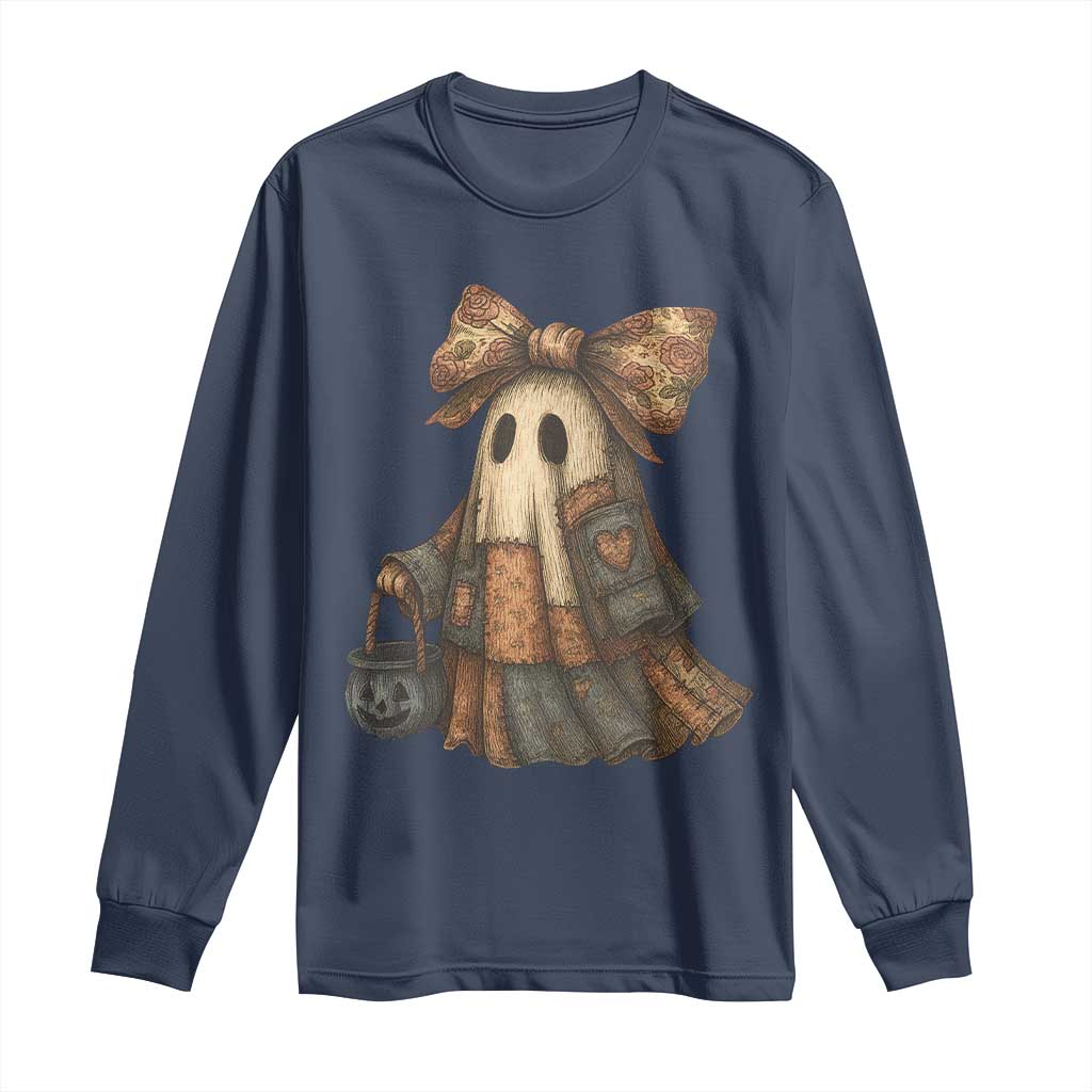 Halloween Vintage Denim Patchwork Spooky Ghost Coquette Long Sleeve Shirt TS11 Navy Print Your Wear