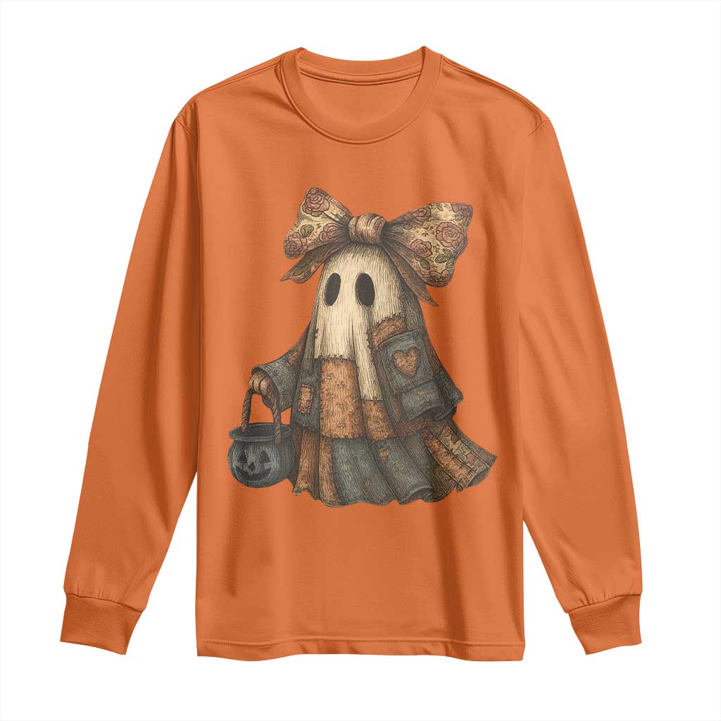 Halloween Vintage Denim Patchwork Spooky Ghost Coquette Long Sleeve Shirt TS11 Orange Print Your Wear