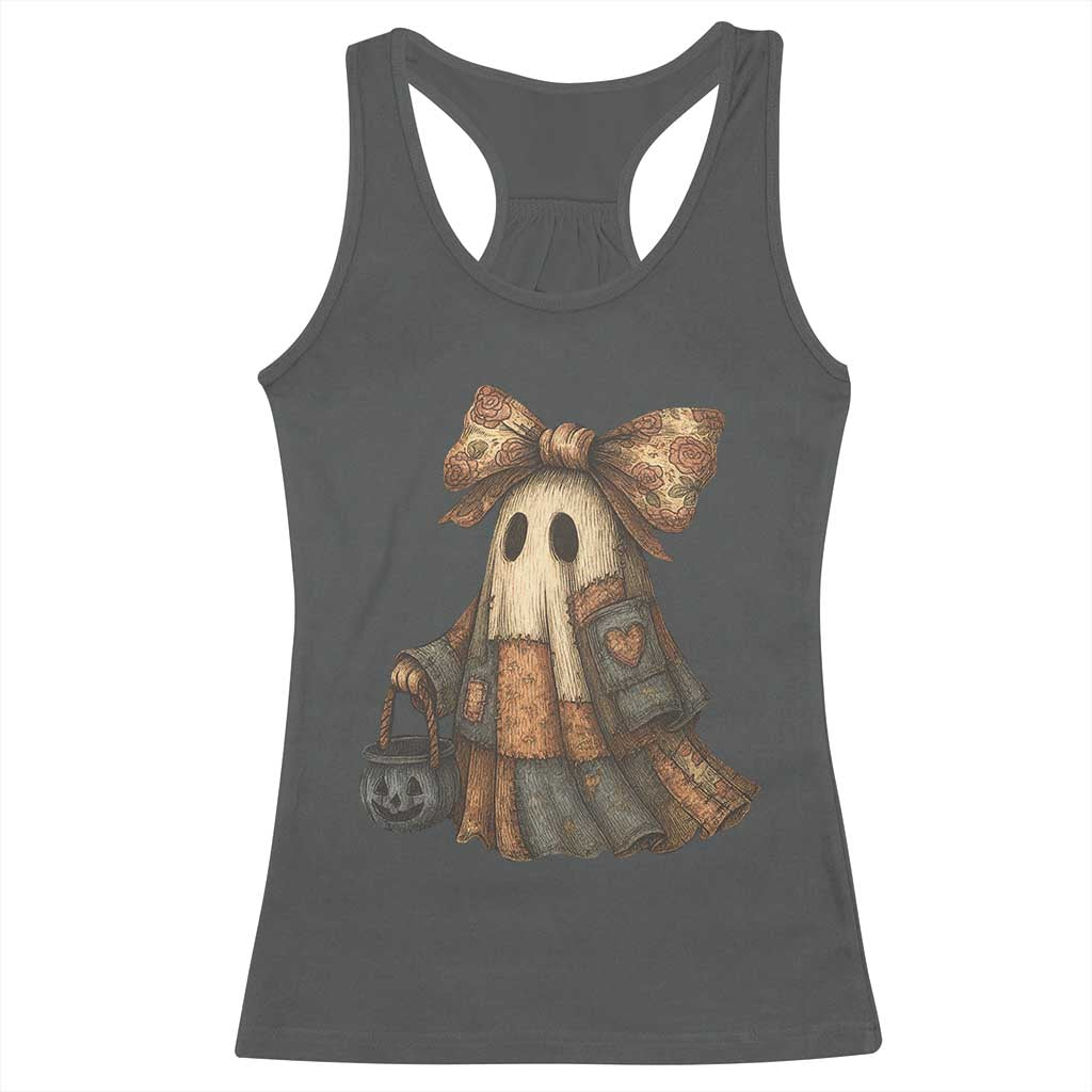 Halloween Vintage Denim Patchwork Spooky Ghost Coquette Racerback Tank Top TS11 Dark Heather Print Your Wear