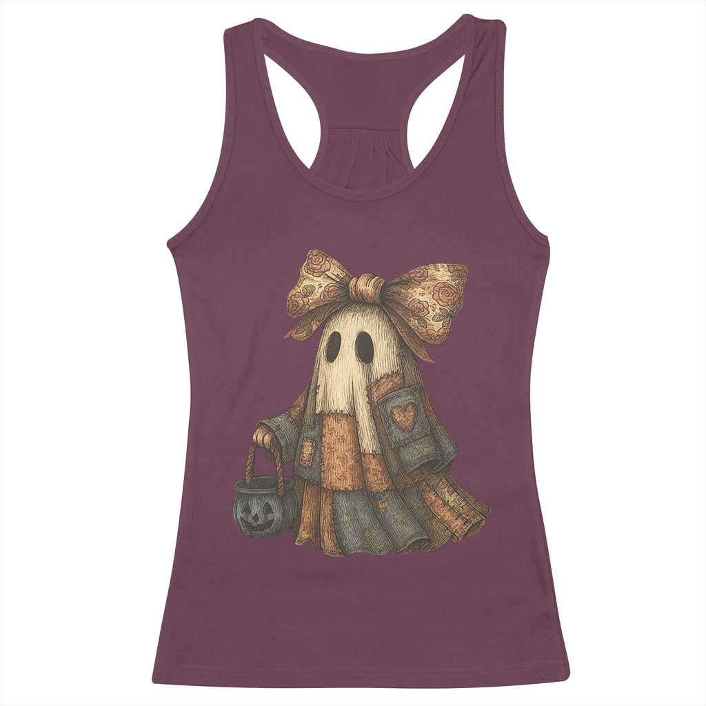 Halloween Vintage Denim Patchwork Spooky Ghost Coquette Racerback Tank Top TS11 Maroon Print Your Wear