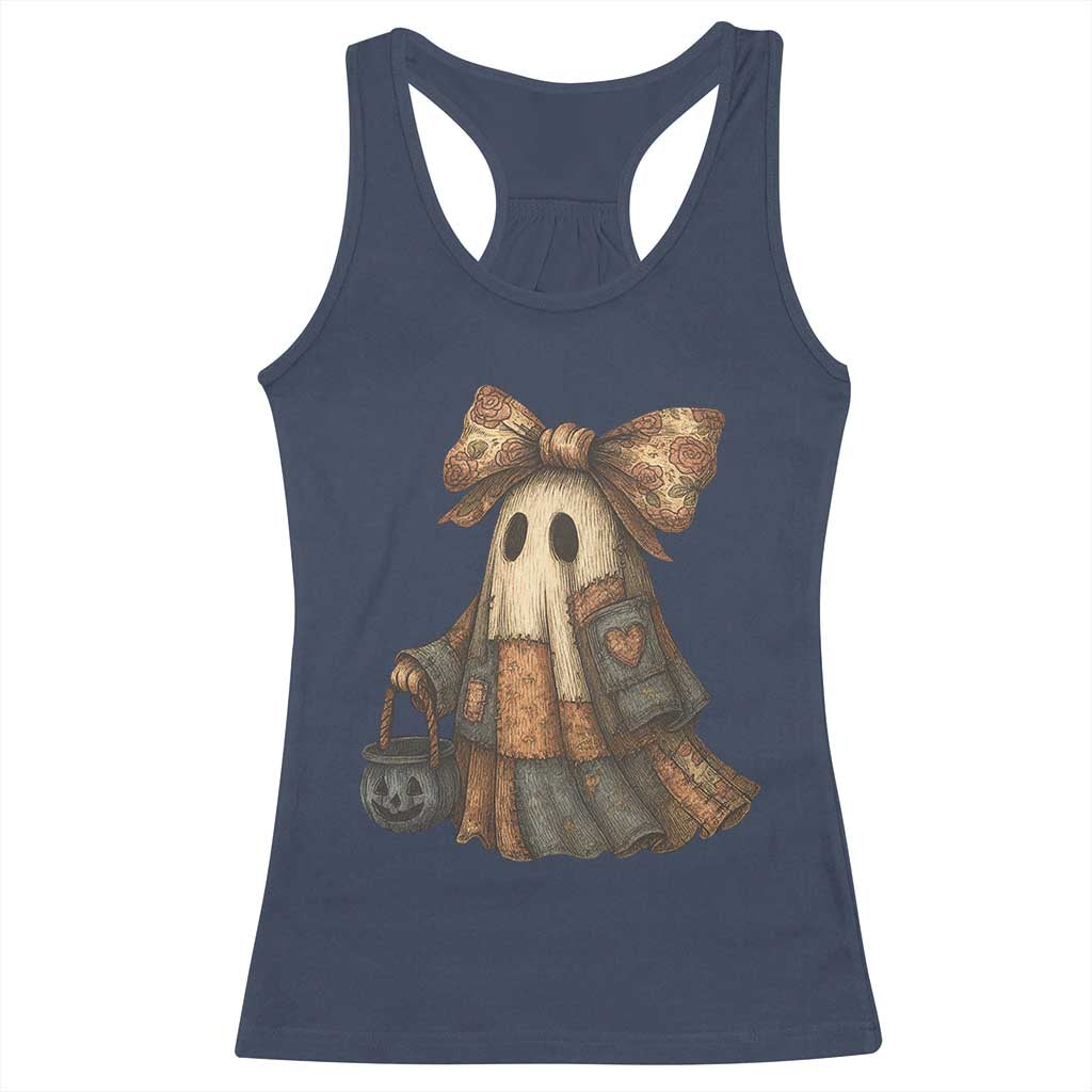Halloween Vintage Denim Patchwork Spooky Ghost Coquette Racerback Tank Top TS11 Navy Print Your Wear
