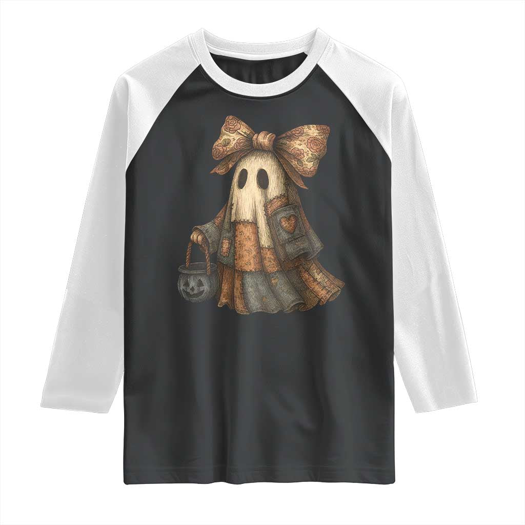 Halloween Vintage Denim Patchwork Spooky Ghost Coquette Raglan Shirt TS11 Black White Print Your Wear