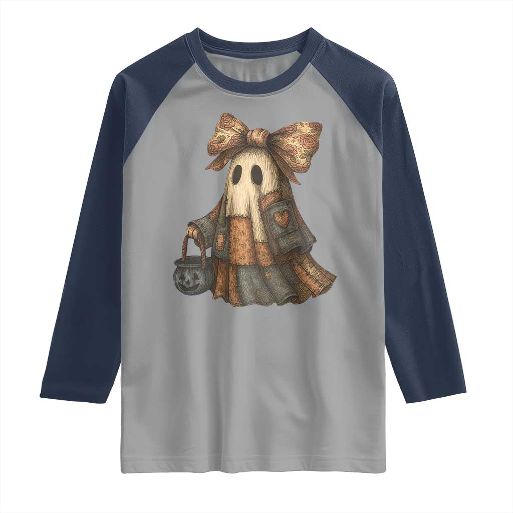 Halloween Vintage Denim Patchwork Spooky Ghost Coquette Raglan Shirt TS11 Sport Gray Navy Print Your Wear