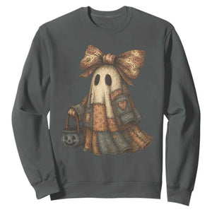 Halloween Vintage Denim Patchwork Spooky Ghost Coquette Sweatshirt TS11 Dark Heather Print Your Wear