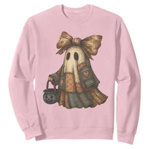 Halloween Vintage Denim Patchwork Spooky Ghost Coquette Sweatshirt TS11 Light Pink Print Your Wear