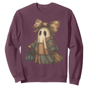 Halloween Vintage Denim Patchwork Spooky Ghost Coquette Sweatshirt TS11 Maroon Print Your Wear