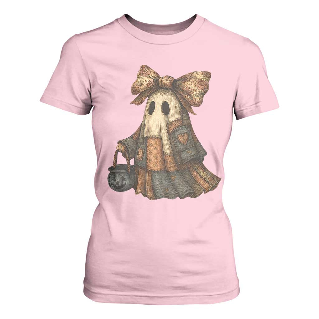 Halloween Vintage Denim Patchwork Spooky Ghost Coquette T Shirt For Women TS11 Light Pink Print Your Wear