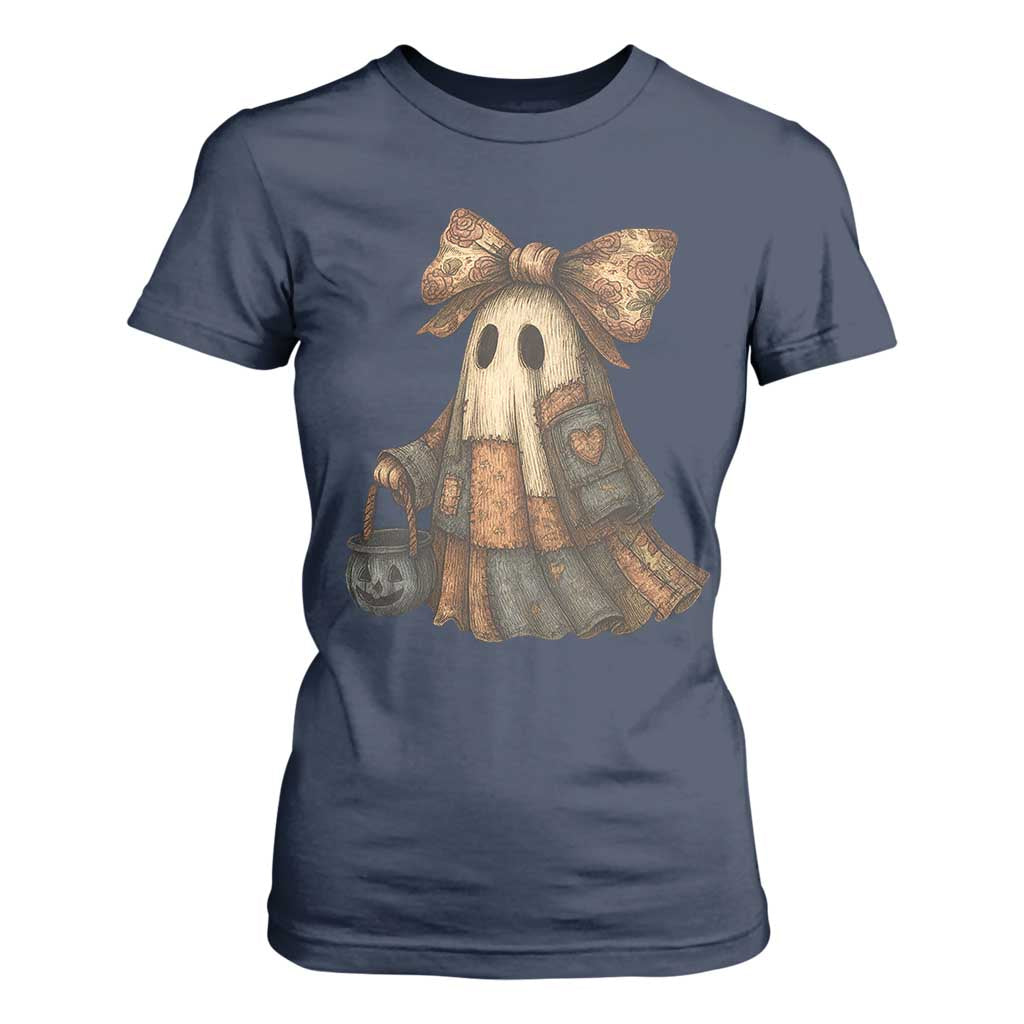 Halloween Vintage Denim Patchwork Spooky Ghost Coquette T Shirt For Women TS11 Navy Print Your Wear