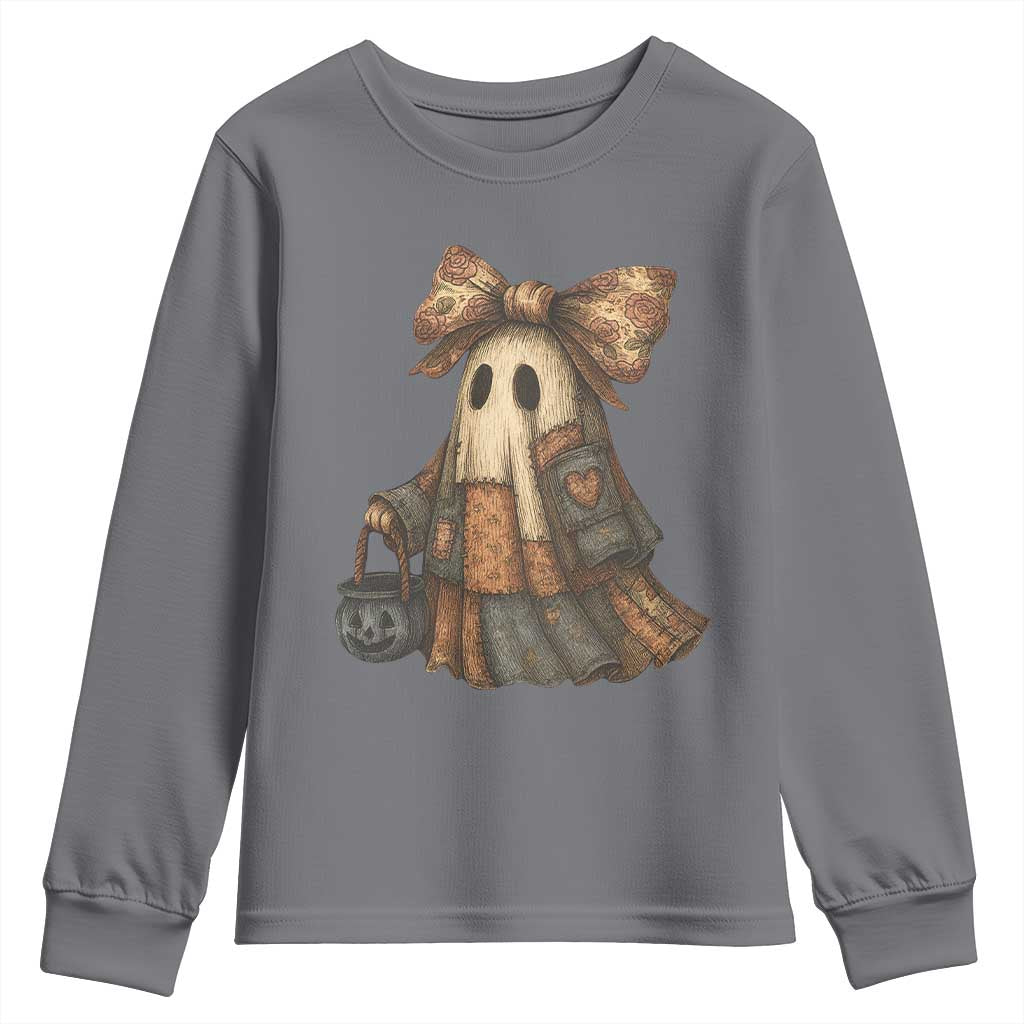 Halloween Vintage Denim Patchwork Spooky Ghost Coquette Youth Sweatshirt TS11 Charcoal Print Your Wear